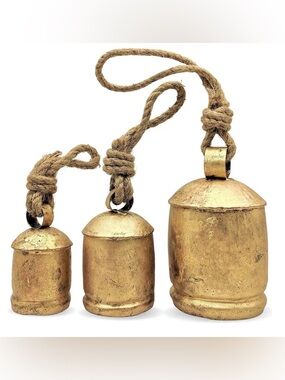 🆕 Set of 3 Rustic Farmhouse Gold Hanging Bells on Rope